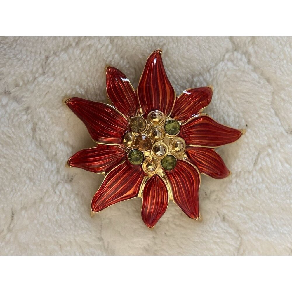 Poinsettia Christmas Holiday Brooch Christopher Radko Jeweled Enamel Pin Vtg